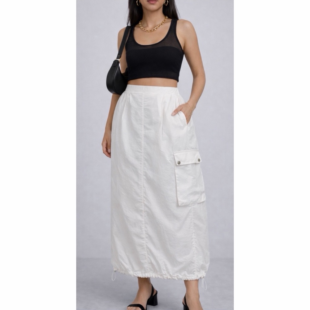 FM2050 • White Cargo Style High-Waisted Maxi Skirt with Drawstring Hem, S - Picture 14 of 14